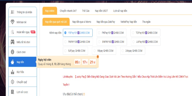 Nạp tiền QH88 cực nhanh qua banking